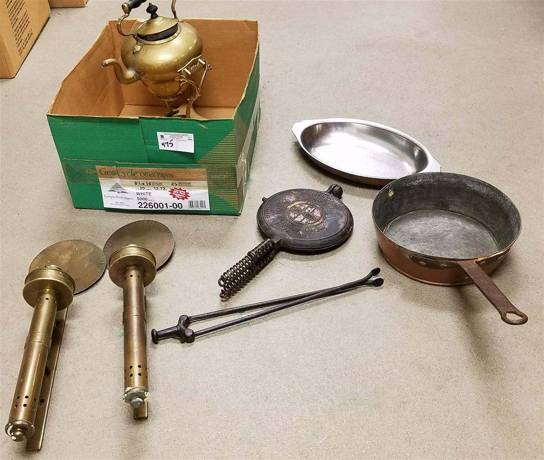 BX COPPER POT, BRASS TEA POT ON STAND, PR. CANDLE (1 of 3)