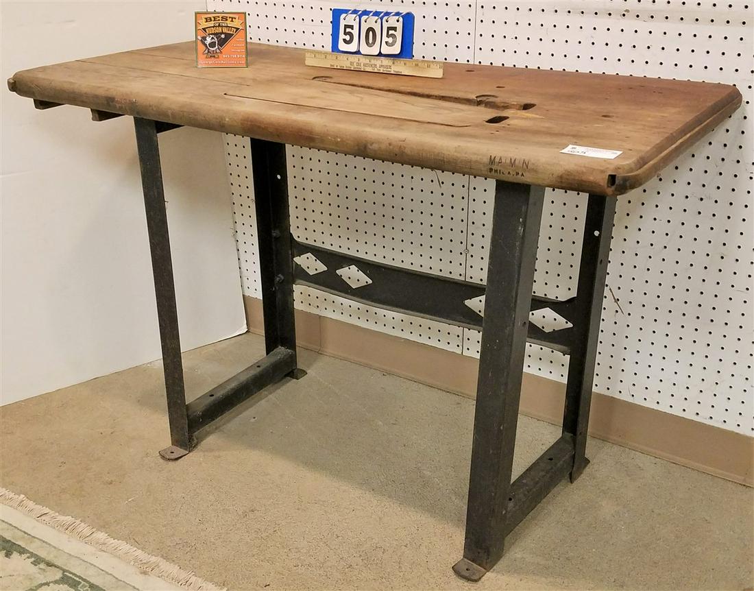 INDUSTRIAL METAL BASE, WOODEN TOP WORK TABLE 30"H X 4'W (1 of 3)