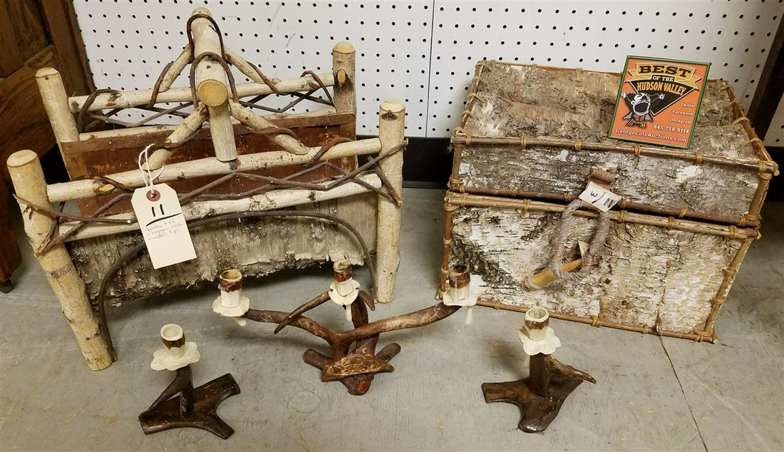 2 BIRCH BXS, BIRCH MAGAZINE RACK + ANTLER CANDELABRA, + (1 of 2)