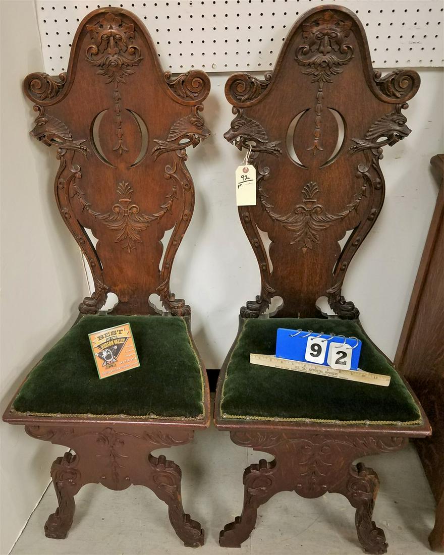PR. c.1910 CARVED OAK HALL CHAIRS (1 of 2)