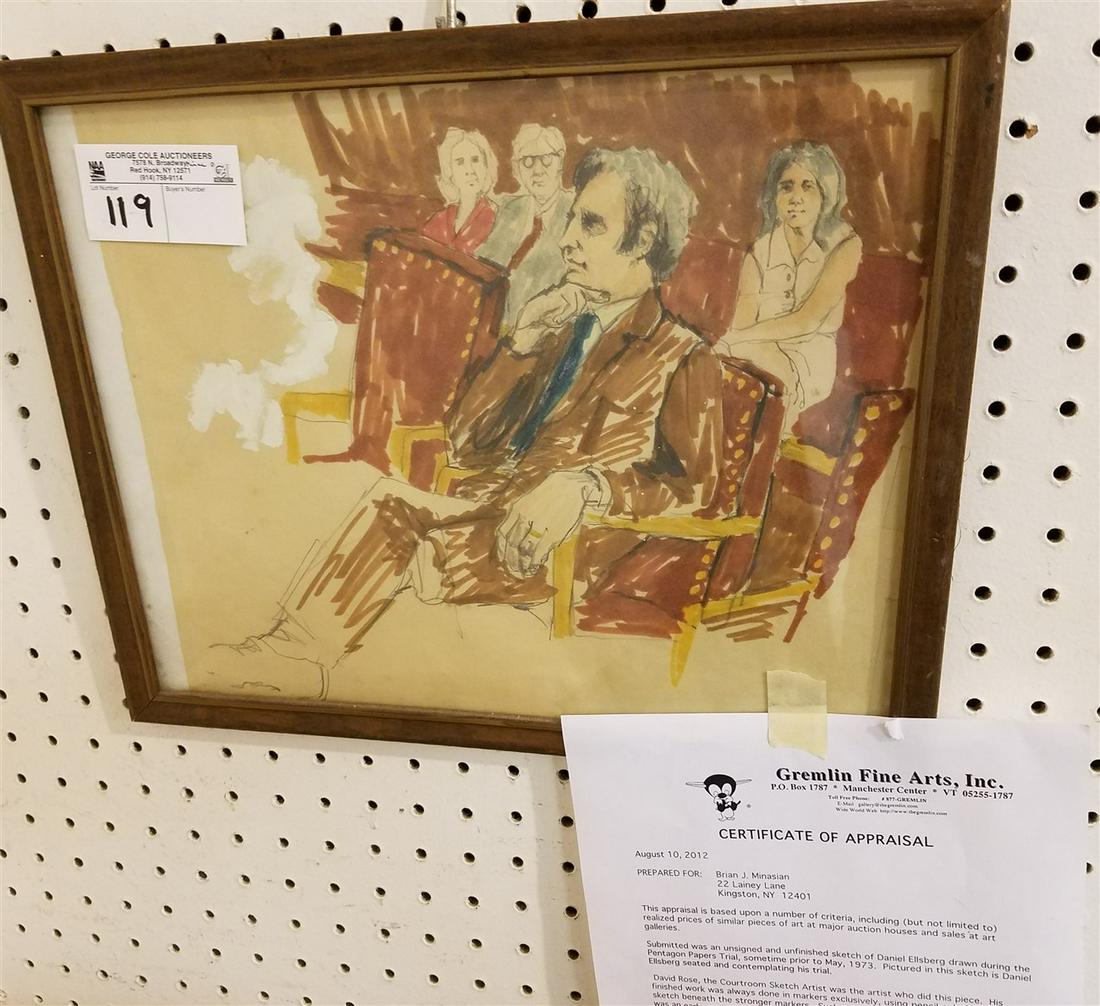 FRAMED SKETCH /W/C OF DANIEL ELLSBERG DURING THE (1 of 2)