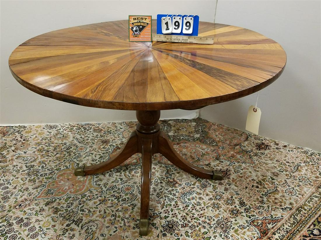 19th c. ENGLISH TILT TOP TABLE W/ INLAID EXOTIC WOODS, (1 of 5)