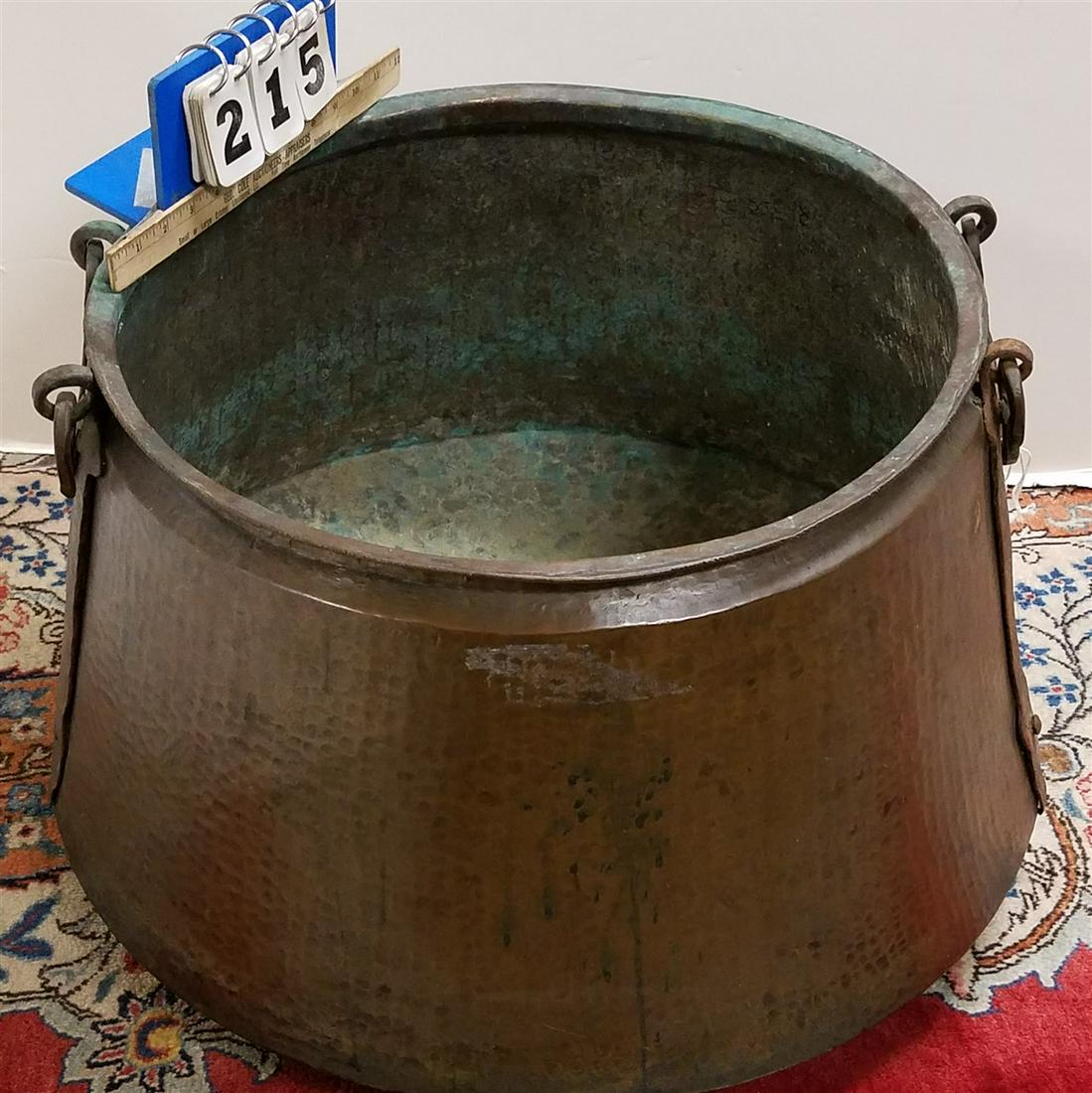19th c. HAMMERED COPPER CAULDRON W/ WROUGHT HANDLES, (1 of 3)