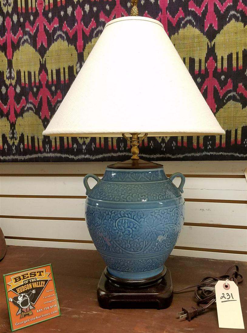 BLUE GLAZE POTTERY CHINESE TABLE LAMP (1 of 2)