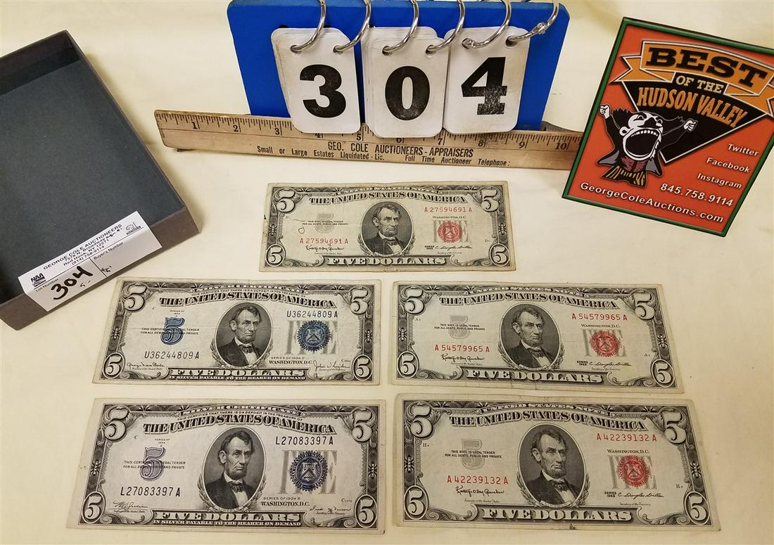 LOT 5-$5 BILLS- 2 SILVER CERT., 3 US NOTES (1 of 1)