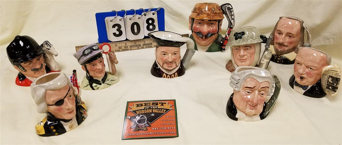 TRAY 9 ROYAL DOULTON CHARACTER CREAMERS, HENRY VIII,: TRAY 9 ROYAL DOULTON CHARACTER CREAMERS, HENRY VIII, THE LAWYER, NELSON, THE ANGLER, SHAKESPEARE, THE SOLDIER, THE MASTER, WINSTON CHURCHILL, THE JOCKEY, W/ BXS.