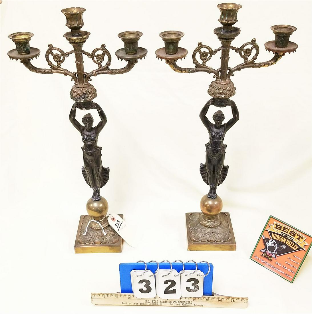 PR. EMPIRE STYLE BRASS + SPELTER CANDELABRA, 20.5" (1 of 3)