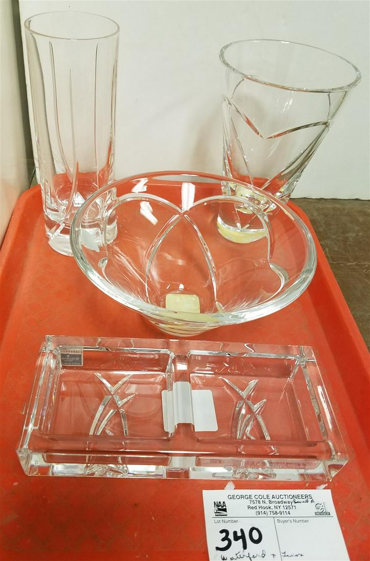 TRAY 3 PC. WATERFORD WISHES ROMANCE, 6" BOWL, SIGNATURE: TRAY 3 PC. WATERFORD WISHES ROMANCE, 6" BOWL, SIGNATURE CONDIMENT SET, WISHES TROMANCE 6"VASE, + LENOX 6.75" VASE