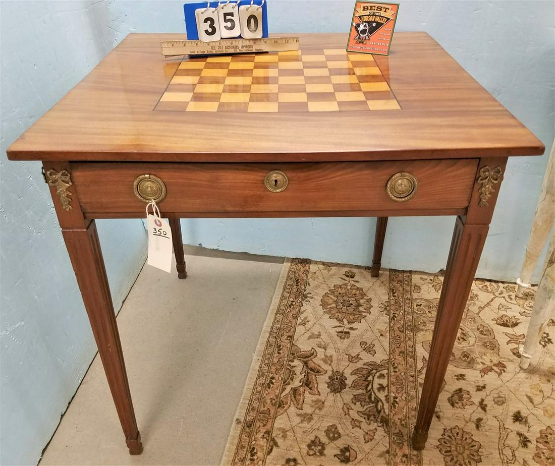MAHOG. 1 DRAWER GAME TABLE W/ INLAID CHECKERBOARD TOP, (1 of 3)