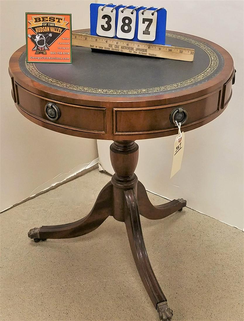 MAHOG. DRUM TABLE W/ 3 DRAWERS (1 of 2)