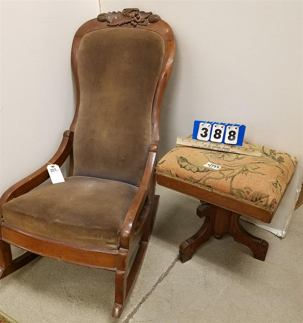 VICT. WALNUT ROCKER + WALNUT ORGAN STOOL (1 of 2)