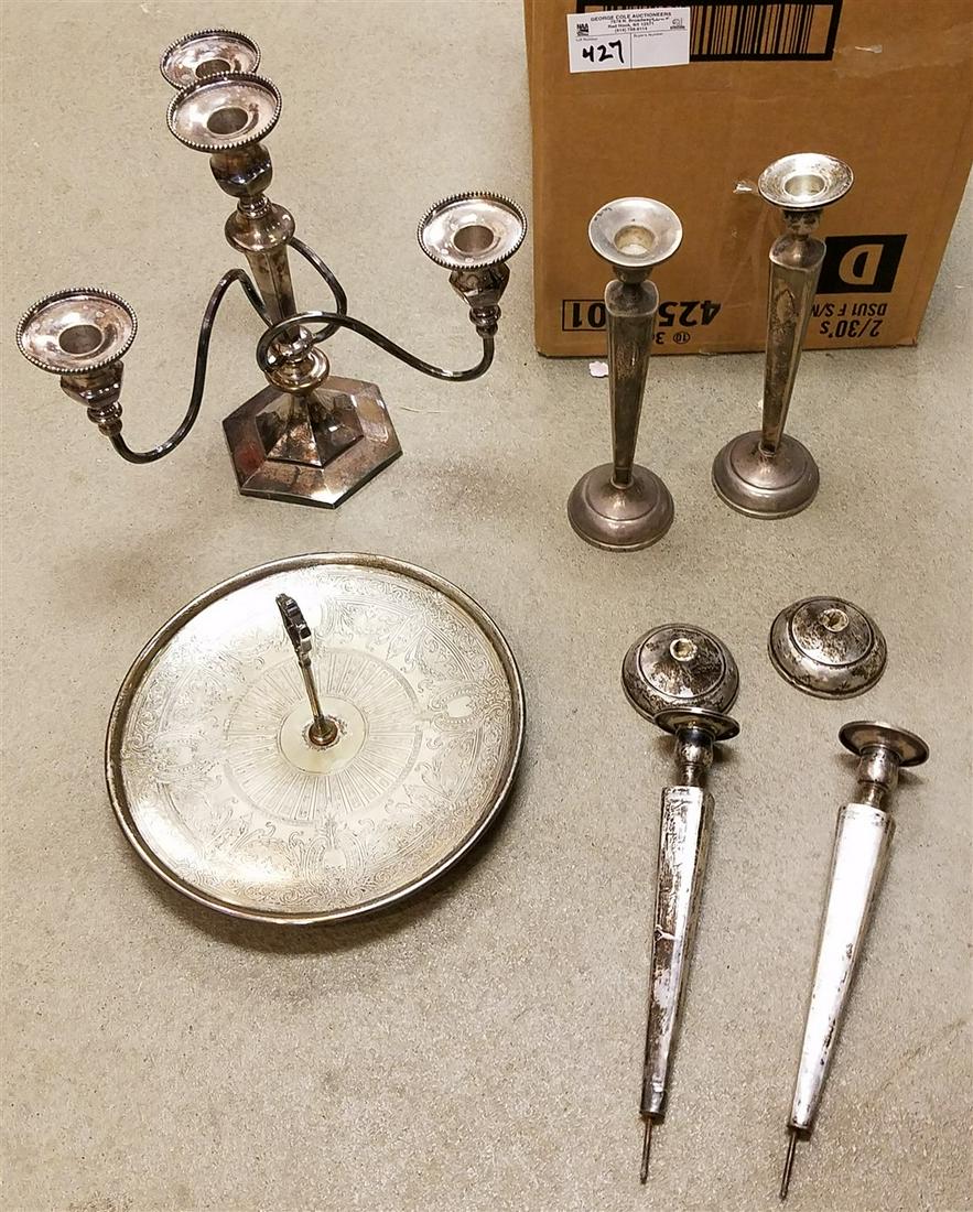 BX STERLING CANDLESTICKS, SILVERPLATE CANDELABRA, ETC. (1 of 2)