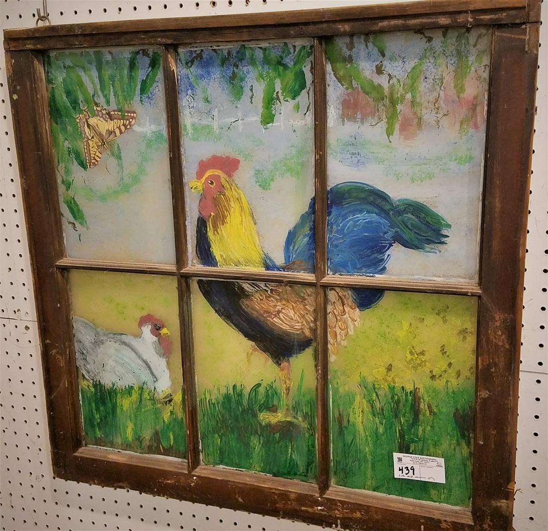 FOLK ART REVERSE PAINTED WINDOW SASH, 29" X 30" (1 of 1)