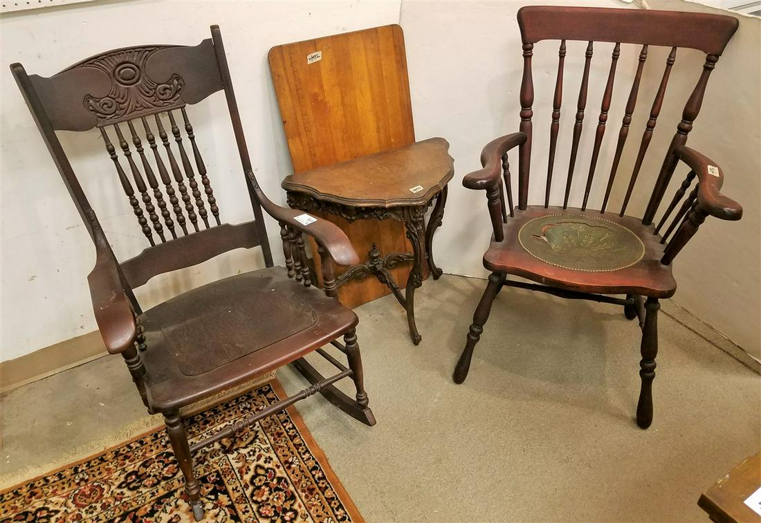 OAK ROCKER, FOLDING SEWING TABLE, CARVED TRIANGULAR (1 of 2)
