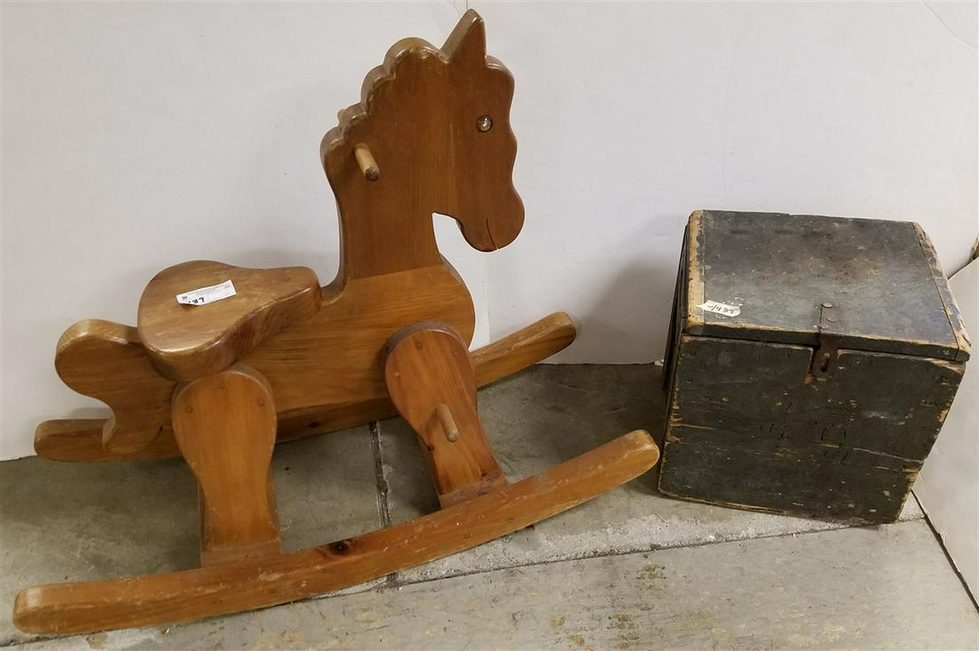 WOODEN ROCKING HORSE + PRIM. WOODEN BX (1 of 2)