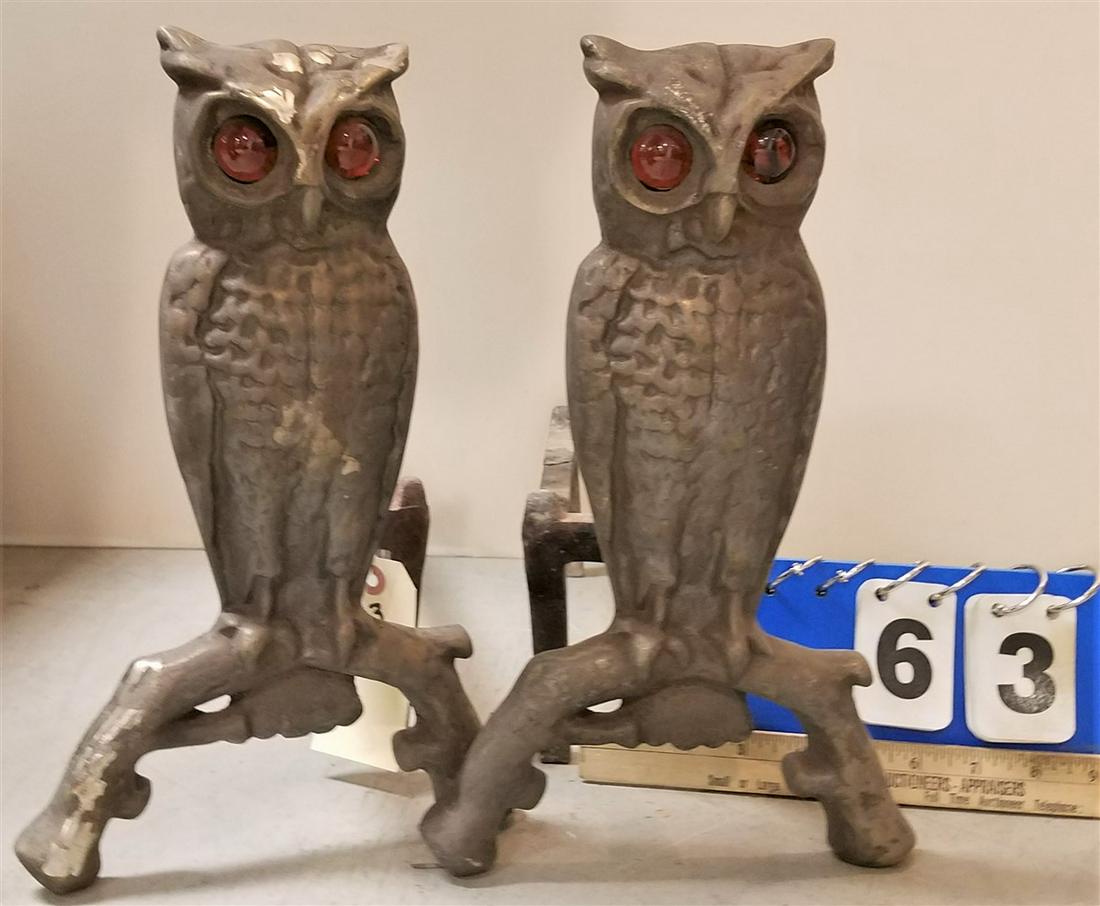OWL ANDIRONS W/ GLASS EYES, 13": OWL ANDIRONS W/ GLASS EYES, 13"