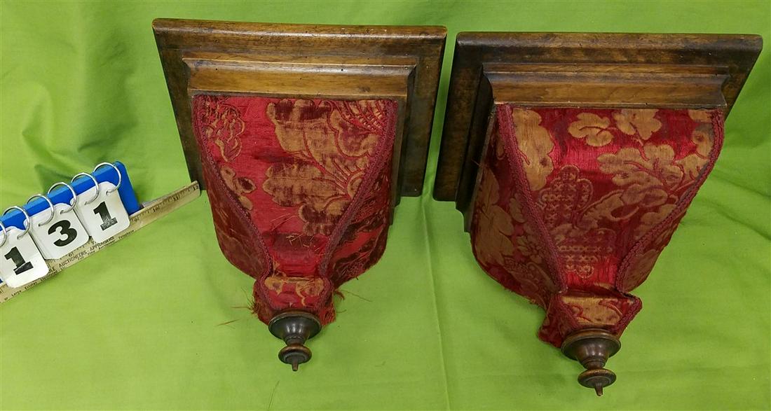 PR. 19th c. WALNUT + FABRIC WALL SHELVES, 11"H X (1 of 3)