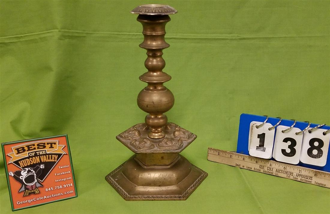 BRASS CANDLESTICK DATED 1604, W/ ANGEL MOTIF, 11.5" (1 of 2)