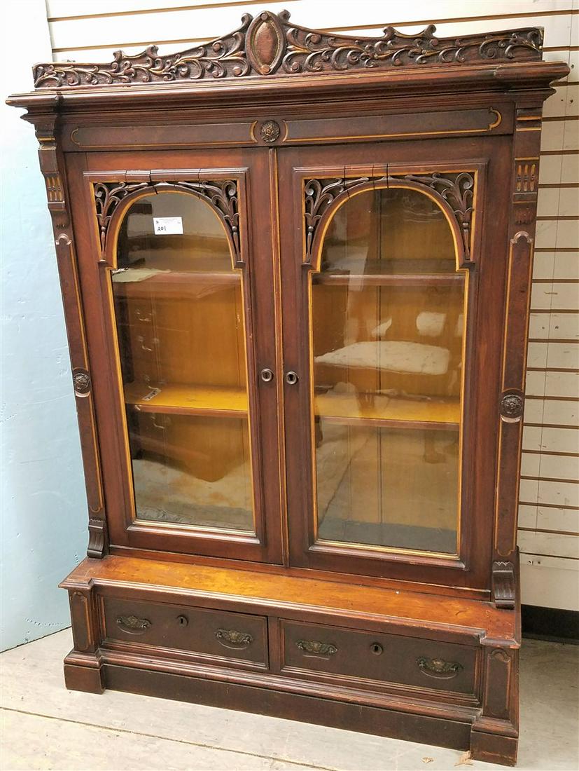 VICT. WALNUT 2 DOOR OVER 2 DRAWER BOOKCASE, 65.5"H X (1 of 2)