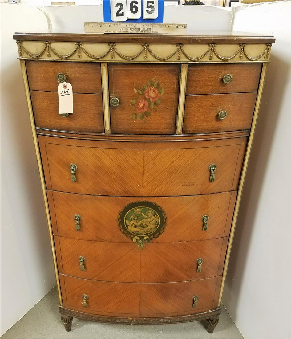 WALNUT 8 DRAWER BOW FRONT CHEST W/ PTD. DECORATION, (1 of 4)