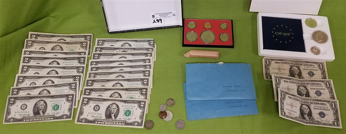 LOT CURRENCY + COINS-3-$1 SILVER CERT., 17-$2 FED. (1 of 3)