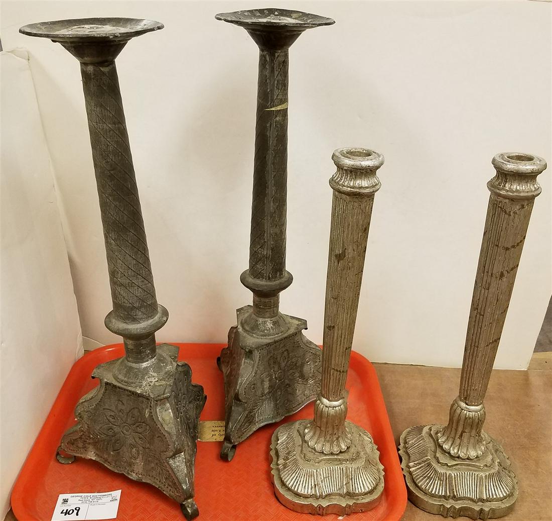 TRAY/ PR. MEXICAN EMBOSSED TIN CANDLESTICKS 19.5" + PR. (1 of 2)