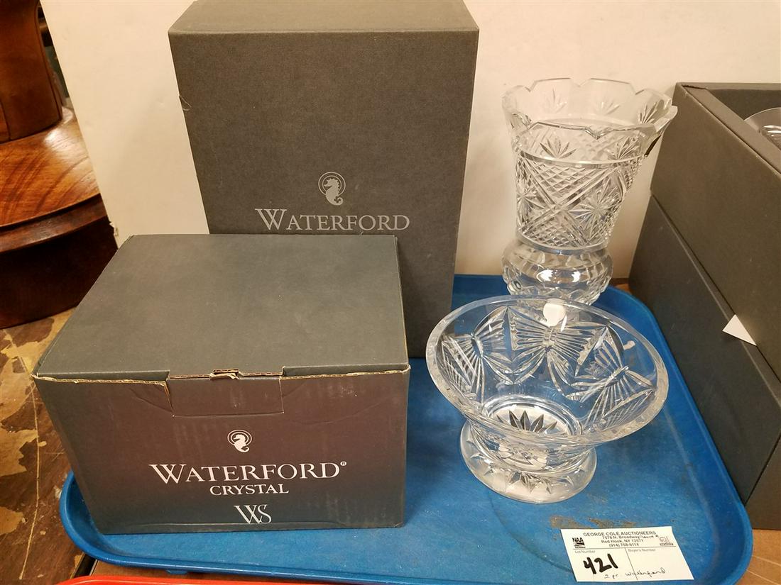 TRAY/ BX'D WATERFORD 6" DIAM BEST WISHES BOWL + SAMUEL: TRAY/ BX'D WATERFORD 6" DIAM BEST WISHES BOWL + SAMUEL MILLER VASE, 8.5"