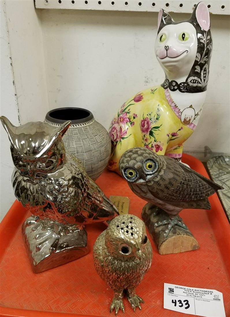 TRAY/ CERAMIC THE GALLE CAT 13.25", OWL FIGURINES: TRAY/ CERAMIC THE GALLE CAT 13.25", OWL FIGURINES WOODEN 6.5", METAL PEWTER SHAKER 5.5", + CERAMIC 8", + A POTTERY VASE