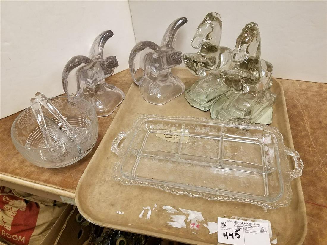 TRAY/ PR. GLASS HORSE + EAGLE BOOKENDS, ETCHED SERVING (1 of 1)