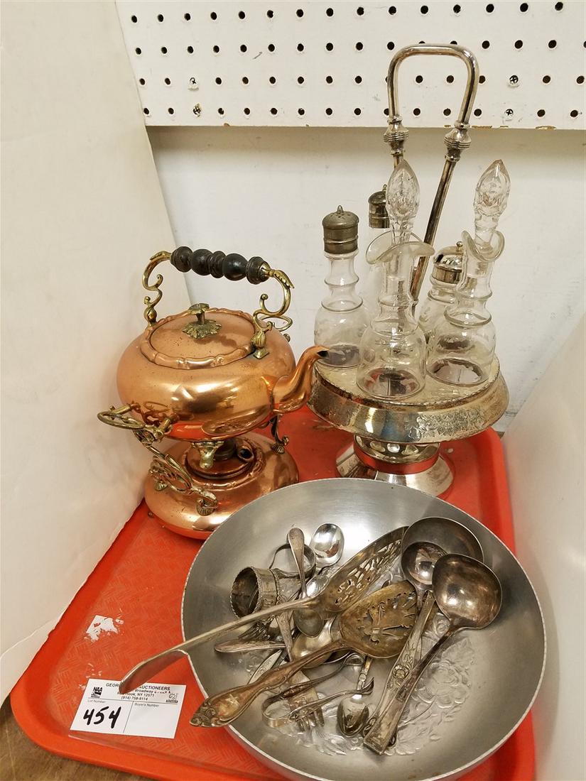 TRAY/ VICT. SILVERPLATE CRUET, COPPER TEA POT ON STAND, (1 of 1)