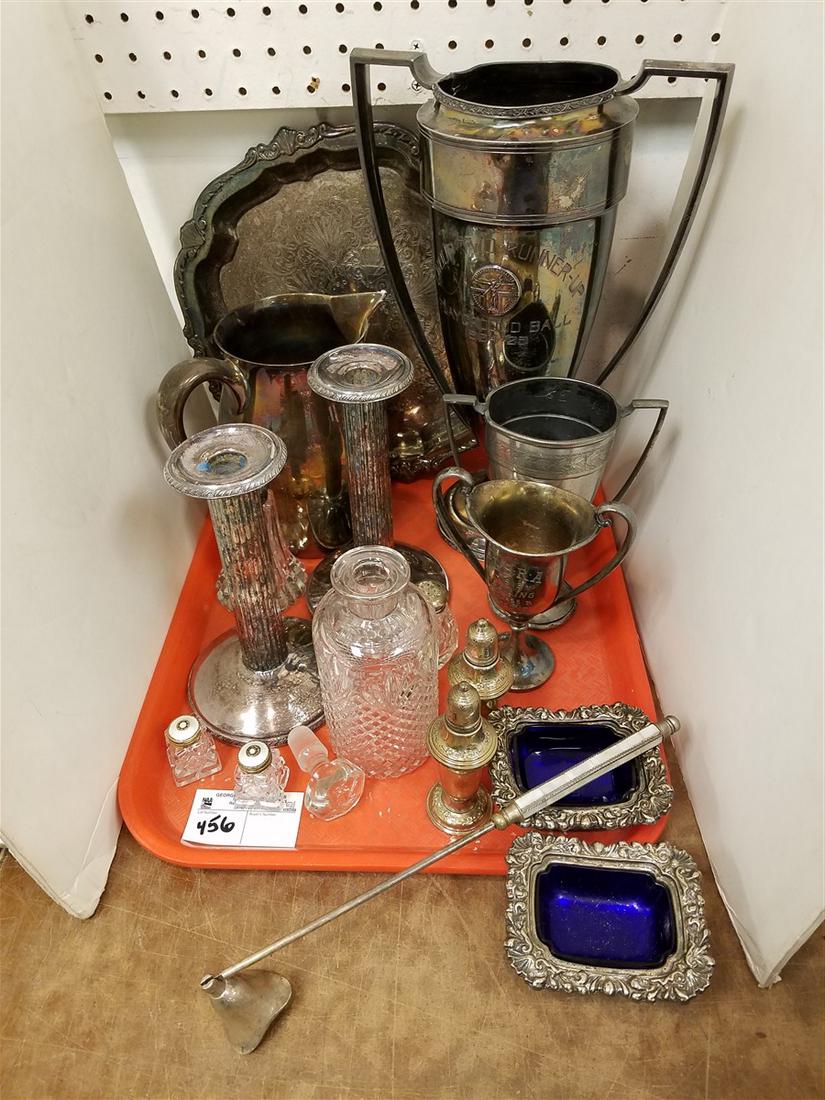 TRAY. SILVERPLATE TROPHIES, STERL. SALT/PEPS, (1 of 2)