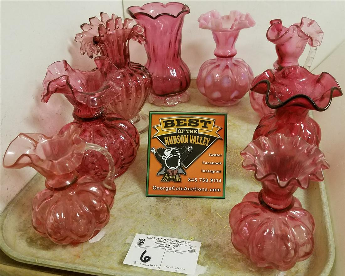 TRAY/ 8 HANDBLOWN CRANBERRY ART GLASS VASES, 1+ (1 of 3)