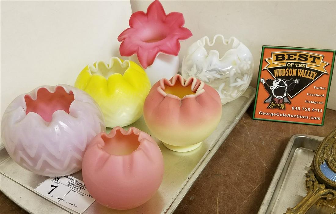 TRAY/ 6 ART GLASS ROSE BOWLS, INCL. PEACHBLOW SATIN (1 of 1)