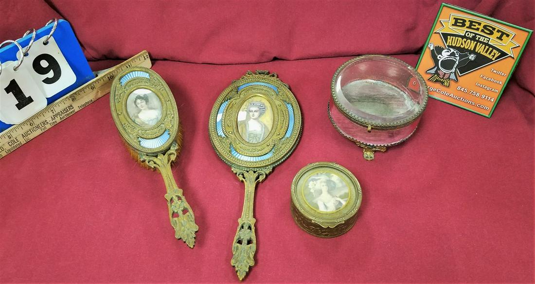 TRAY BRONZE FRAME DRESSER MIRROR + BRUSH W/ HAND PTD. (1 of 7)
