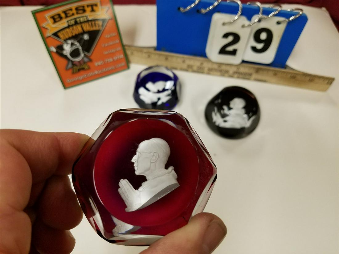 TRAY/ 3 BACCARAT PAPERWEIGHTS W/ SULFIDE FIGURES (1 of 5)