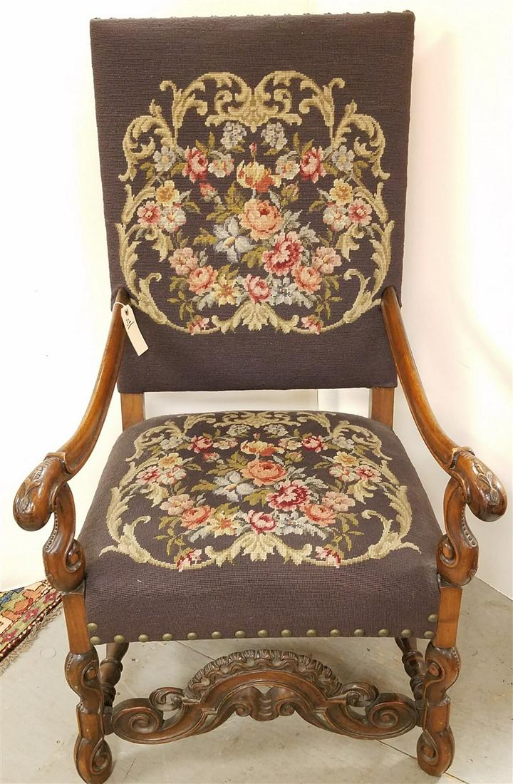 WALNUT NEEDLEPOINT UPHOLS. THRONE CHAIR: WALNUT NEEDLEPOINT UPHOLS. THRONE CHAIR