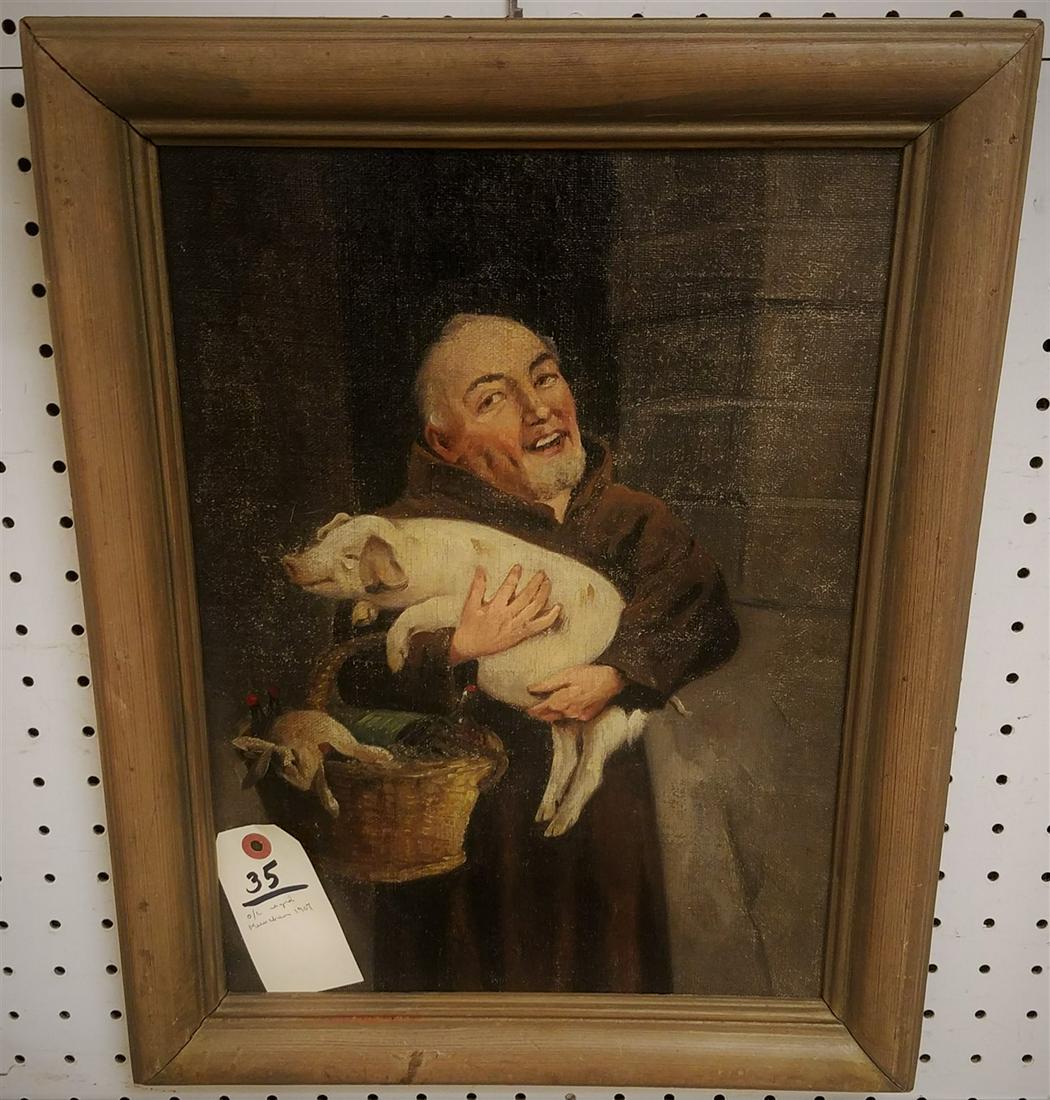 FRAMED O/C MONK W/ PIG, SGND. MUNCHEN 1907, 16" X 12" (1 of 4)