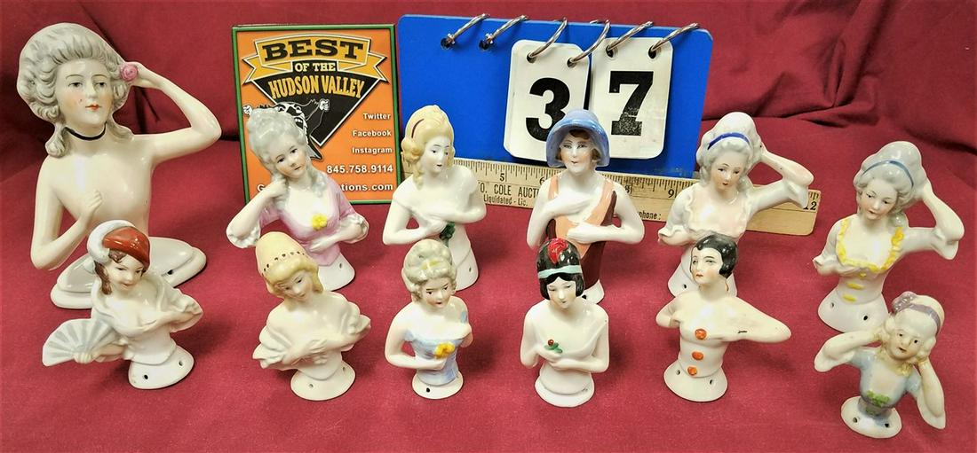 TRAY/12 GERMAN PORCELAIN PIN CUSHION DOLLS, INCL. DEP (1 of 8)