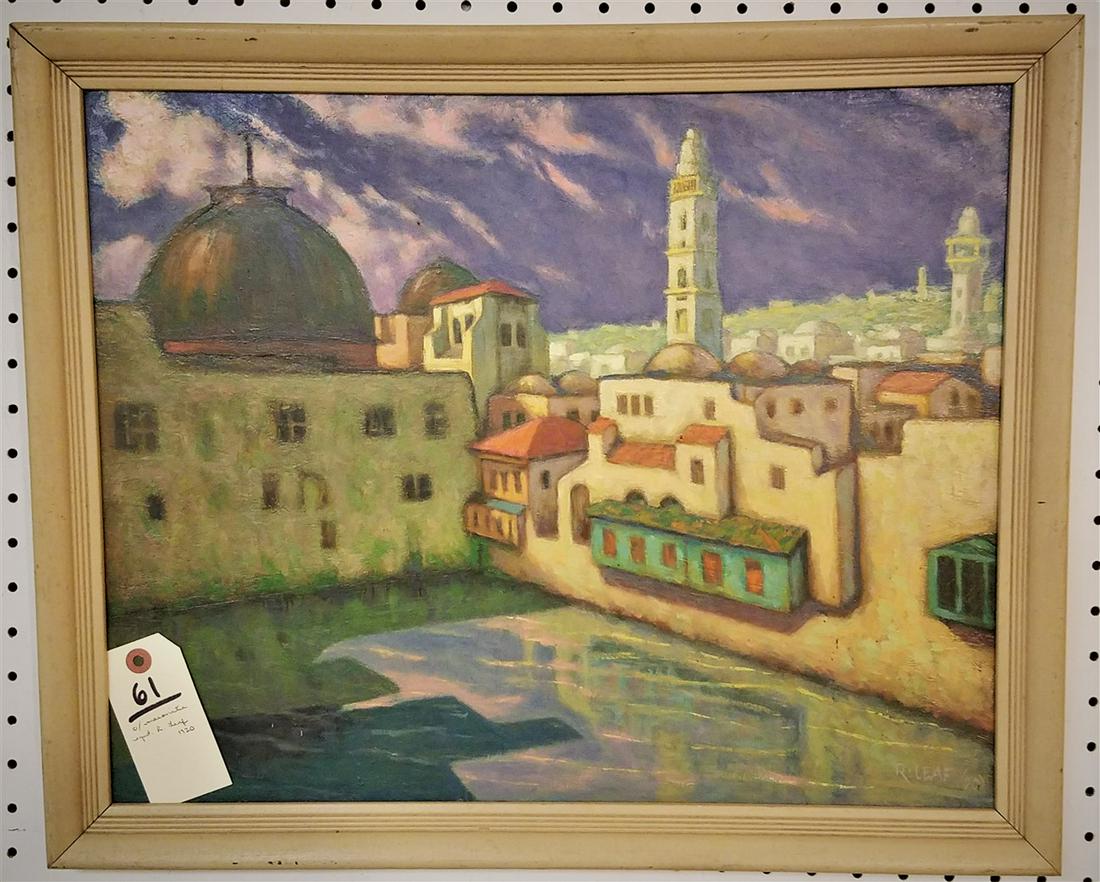 FRAMED O/MASONITE VILLAGE SCENE, SGND. R.LEAF 1920, 16": FRAMED O/MASONITE VILLAGE SCENE, SGND. R.LEAF 1920, 16" X 20"