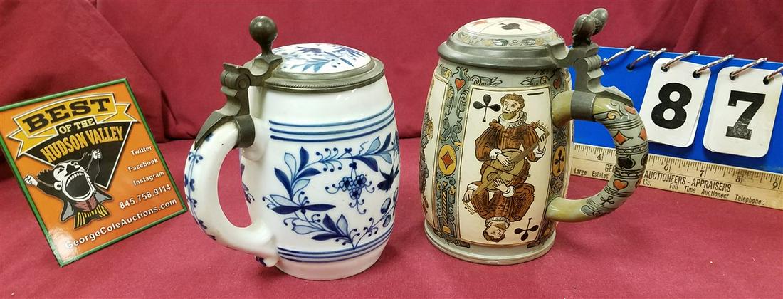 TRAY/ 2 STEINS, 6" METTLACH # 2093 CRACK IN LID, + (1 of 10)