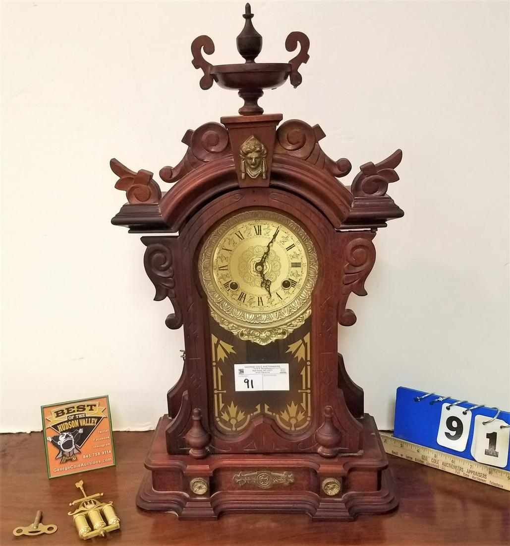 WALNUT MANTLE CLOCK, 24.5"H X 14"W X 6.5"D (1 of 3)