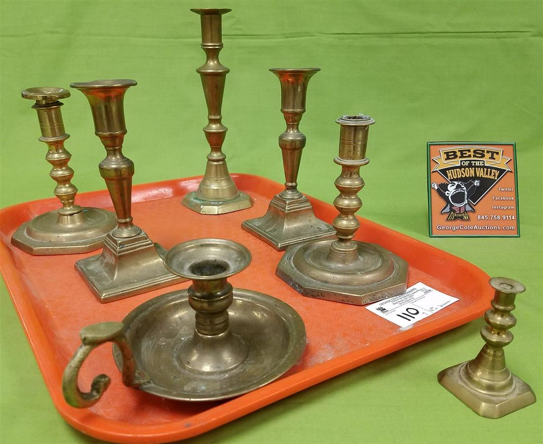 TRAY/ 7- 18th c. BRASS CANDLESTICKS (1 of 2)