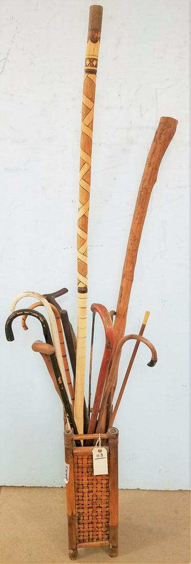BAMBOO UMBRELLA STAND/ W/ 13 CANES + WALKING STICKS (1 of 1)