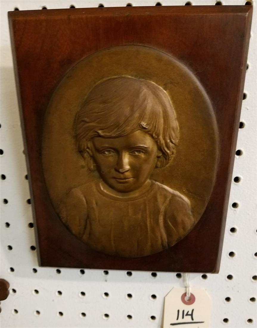 BRONZE MOUNTED PLAQUE OF A CHILD, SGND. J. SOWINSKI, NY (1 of 1)