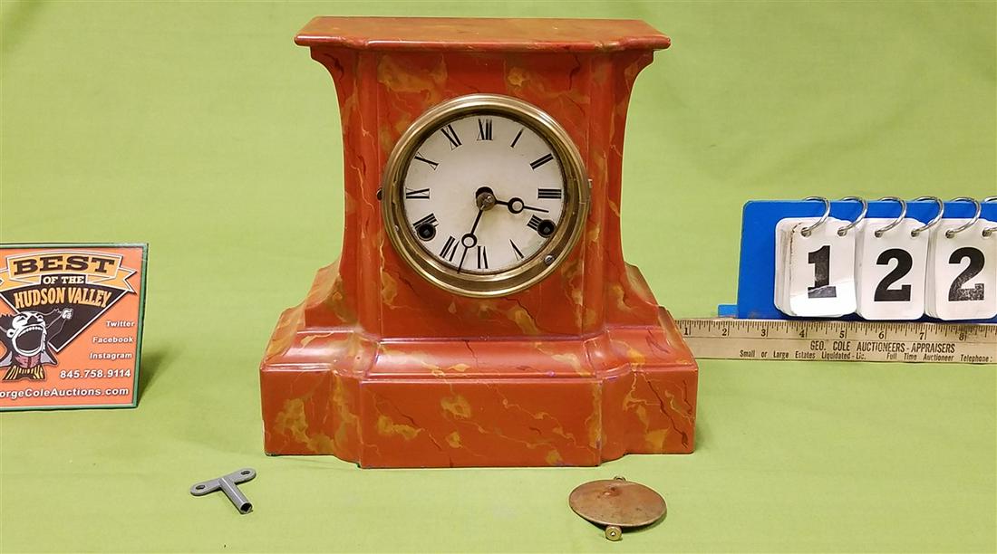 MARBELIZED CAST IRON MANTEL CLOCK (1 of 3)