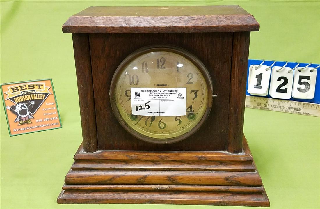 INGRAHAM OAK MANTEL CLOCK, 16"H X 11.5"W X 5.5"D (1 of 4)