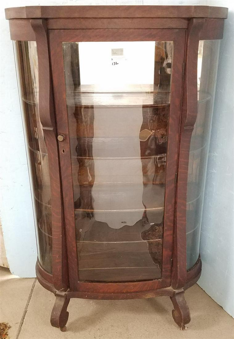 OAK CURVED GLASS CHINA CABINET, 61.75"H X 38.75"W X: OAK CURVED GLASS CHINA CABINET, 61.75"H X 38.75"W X 16.5"D