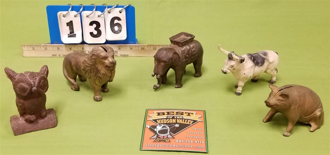 TRAY 5 VINTAGE CAST IRON STILL BANKS-LION, ELEPHANT,: TRAY 5 VINTAGE CAST IRON STILL BANKS-LION, ELEPHANT, OWL, STEER + PIG