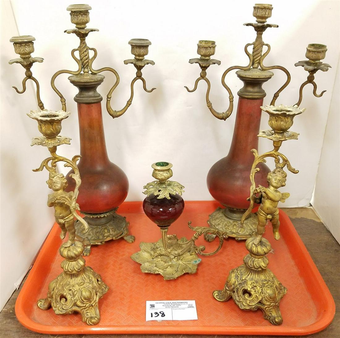 TRAY/ PR. BRASS CANDELABRAS 15.5", PR, METAL FIGURAL (1 of 1)