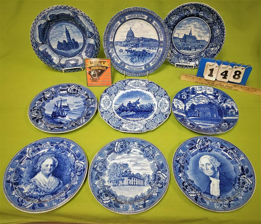 TRAY/ 9 BLUE+WHITE TRANSFER PLATES-4 WEDGEWOOD, CROWN (1 of 10)